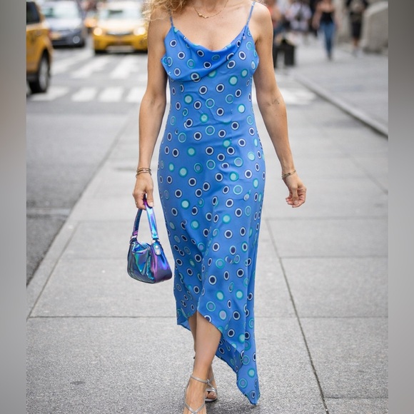 Vintage Dresses & Skirts - Vintage Y2K Blue Polka Dot asymmetric spaghetti strap Dress size 10